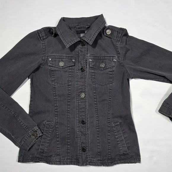 FOX Y2K Gray Denim Jacket Women XS Fitted Trucker Vintage Style - Picture 2 of 8